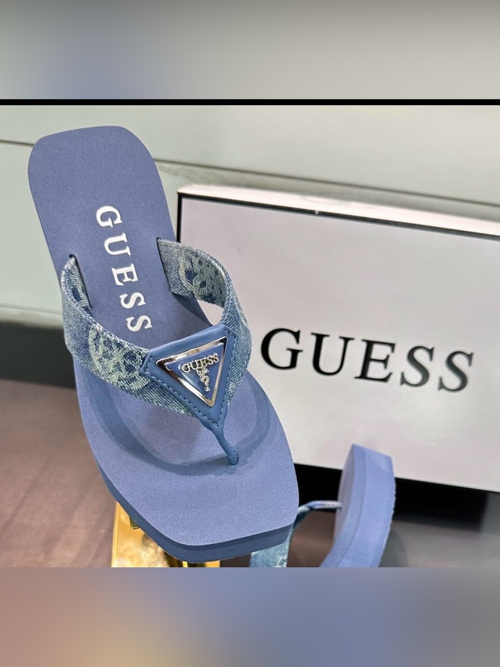 Guess Denim Logo Platform Wedge Sandals in Blue